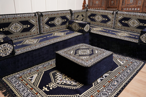 Arabic Corner Floor Couch, L Shaped Navy Blue Turkish Sofa, Oriental Floor Cushions, Arabic Majlis, Traditional Living Room Sofa, Arabic Jalsa Set