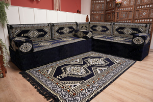 Arabic Corner Floor Couch, L Shaped Navy Blue Turkish Sofa, Oriental Floor Cushions, Arabic Majlis, Traditional Living Room Sofa, Arabic Jalsa Set