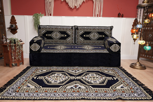 Navy Blue Arabic Sofa with Ottoman Couch and Rug, Floor Cushion Seating, Arabic Jalsa Set, Sectional Sofa, Arabic Sofa Seating, Moroccan Sofa