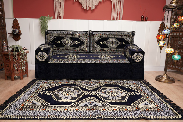 Navy Blue Arabic Sofa with Ottoman Couch and Rug, Floor Cushion Seating, Arabic Jalsa Set, Sectional Sofa, Arabic Sofa Seating, Moroccan Sofa