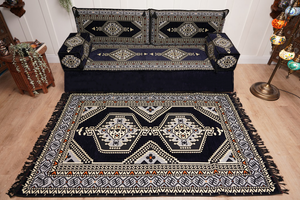 Navy Blue Arabic Sofa with Ottoman Couch and Rug, Floor Cushion Seating, Arabic Jalsa Set, Sectional Sofa, Arabic Sofa Seating, Moroccan Sofa