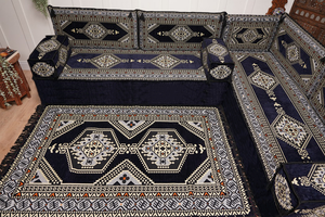 Arabic Corner Floor Couch, L Shaped Navy Blue Turkish Sofa, Oriental Floor Cushions, Arabic Majlis, Traditional Living Room Sofa, Arabic Jalsa Set