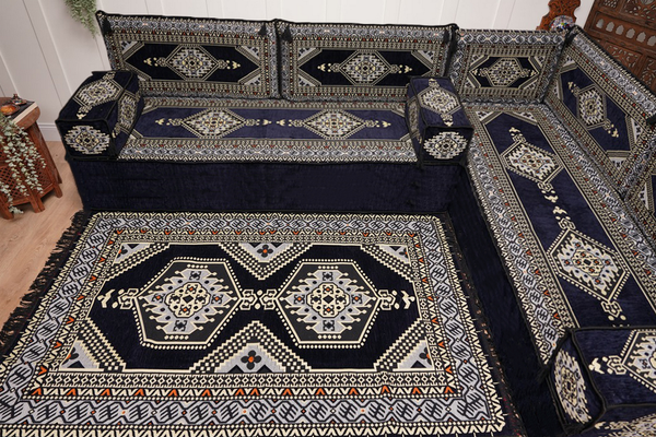 Arabic Corner Floor Couch, L Shaped Navy Blue Turkish Sofa, Oriental Floor Cushions, Arabic Majlis, Traditional Living Room Sofa, Arabic Jalsa Set