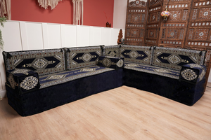 Arabic Corner Floor Couch, L Shaped Navy Blue Turkish Sofa, Oriental Floor Cushions, Arabic Majlis, Traditional Living Room Sofa, Arabic Jalsa Set