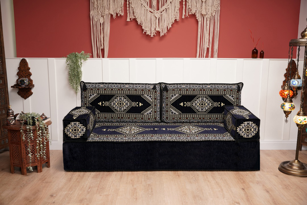 Navy Blue Arabic Sofa with Ottoman Couch and Rug, Floor Cushion Seating, Arabic Jalsa Set, Sectional Sofa, Arabic Sofa Seating, Moroccan Sofa