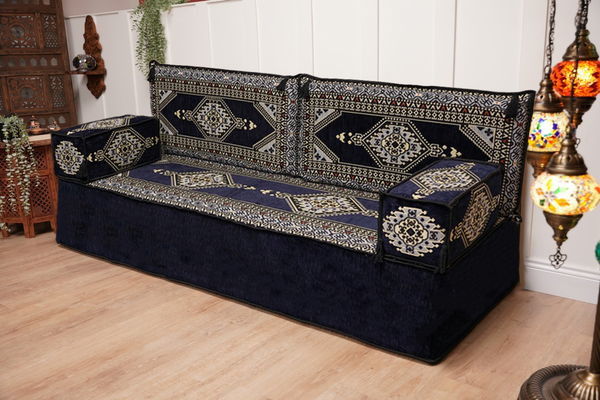Navy Blue Arabic Sofa with Ottoman Couch and Rug, Floor Cushion Seating, Arabic Jalsa Set, Sectional Sofa, Arabic Sofa Seating, Moroccan Sofa