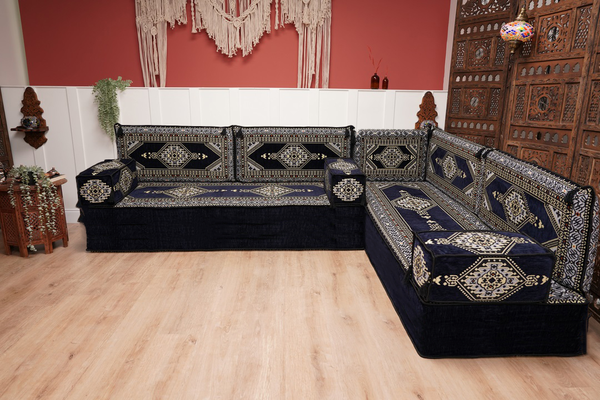 Arabic Corner Floor Couch, L Shaped Navy Blue Turkish Sofa, Oriental Floor Cushions, Arabic Majlis, Traditional Living Room Sofa, Arabic Jalsa Set