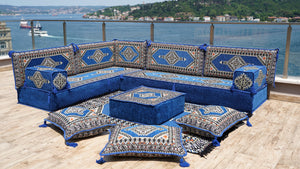 Royal Blue Palace Elegance: L Shaped Floor Sofa Set – Arabic Majlis Seating – Window Seat Cushion – Oriental Cushion Set