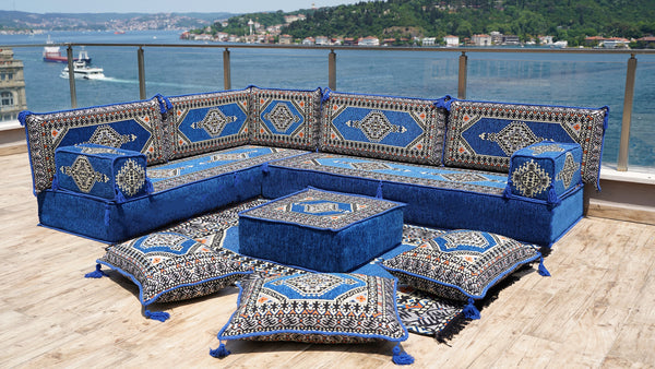Royal Blue Palace Elegance: L Shaped Floor Sofa Set – Arabic Majlis Seating – Window Seat Cushion – Oriental Cushion Set