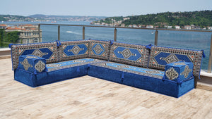 Royal Blue Palace Elegance: L Shaped Floor Sofa Set – Arabic Majlis Seating – Window Seat Cushion – Oriental Cushion Set
