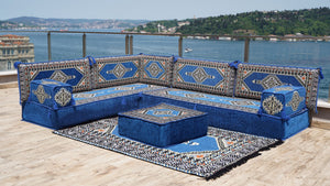 Royal Blue Palace Elegance: L Shaped Floor Sofa Set – Arabic Majlis Seating – Window Seat Cushion – Oriental Cushion Set