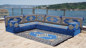 Royal Blue Palace Elegance: L Shaped Floor Sofa Set – Arabic Majlis Seating – Window Seat Cushion – Oriental Cushion Set