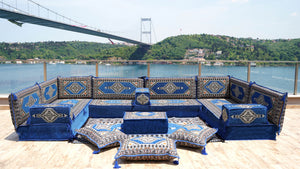 Royal Blue Palace Elegance: U Shaped Floor Sofa Set – Arabic Jalsa Seating – Floor Cushion Couch – Arabic Sofa Set