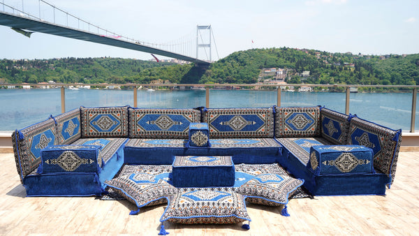Royal Blue Palace Elegance: U Shaped Floor Sofa Set – Arabic Jalsa Seating – Floor Cushion Couch – Arabic Sofa Set