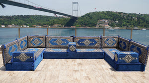 Royal Blue Palace Elegance: U Shaped Floor Sofa Set – Arabic Jalsa Seating – Floor Cushion Couch – Arabic Sofa Set