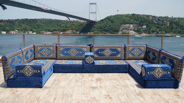 Royal Blue Palace Elegance: U Shaped Floor Sofa Set – Arabic Jalsa Seating – Floor Cushion Couch – Arabic Sofa Set