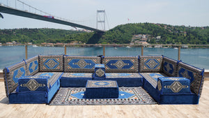 Royal Blue Palace Elegance: U Shaped Floor Sofa Set – Arabic Jalsa Seating – Floor Cushion Couch – Arabic Sofa Set