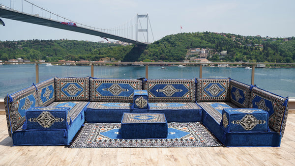 Royal Blue Palace Elegance: U Shaped Floor Sofa Set – Arabic Jalsa Seating – Floor Cushion Couch – Arabic Sofa Set
