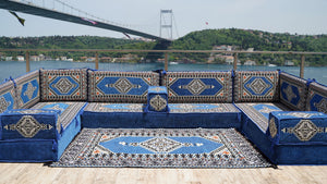 Royal Blue Palace Elegance: U Shaped Floor Sofa Set – Arabic Jalsa Seating – Floor Cushion Couch – Arabic Sofa Set