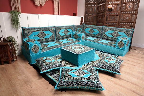 Turquoise L Shaped Sectional Sofas, Floor Cushions, Arabic Sofa Set, Pallet Sofa, Arabic Majlis, Pouffs