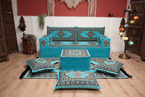 Turquoise Loveseat Arabic Sofa, Arabic Majlis, Moroccan Sofa with Ottoman Couch and Rug, Living Room Sofa, Arabic Jalsa Set, Floor Sofa Seating