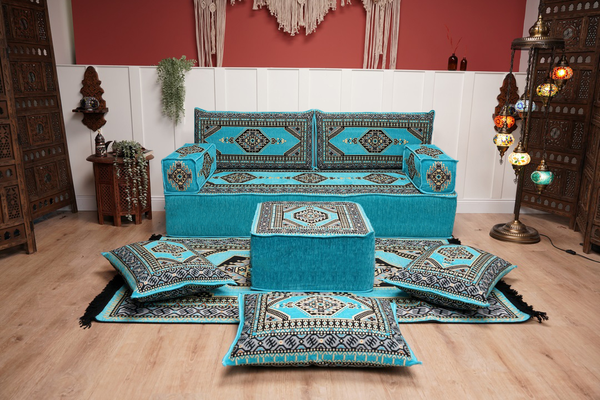 Turquoise Loveseat Arabic Sofa, Arabic Majlis, Moroccan Sofa with Ottoman Couch and Rug, Living Room Sofa, Arabic Jalsa Set, Floor Sofa Seating