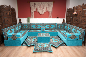 U Shaped Turquoise Arabic Floor Sofa Set, Floor Cushions, Balcony Patio Sofas, Pallet Sofa, Ethnic Sofa, Moroccan Sofas