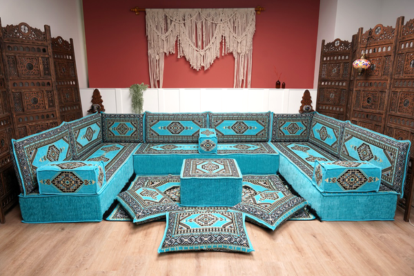 U Shaped Turquoise Arabic Floor Sofa Set, Floor Cushions, Balcony Patio Sofas, Pallet Sofa, Ethnic Sofa, Moroccan Sofas