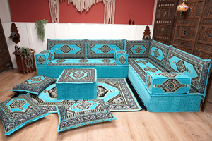 Turquoise L Shaped Sectional Sofas, Floor Cushions, Arabic Sofa Set, Pallet Sofa, Arabic Majlis, Pouffs