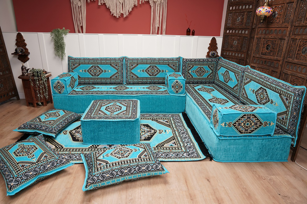 أريكة تركية فيروزية على شكل حرف L، مجلس عربي بسمك 16 بوصة، أريكة غرفة معيشة، مقعد أرضي بوهو، أريكة على الطراز المغربي، وسادة أرضية عثمانية