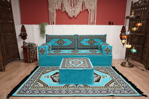 Turquoise Loveseat Arabic Sofa, Arabic Majlis, Moroccan Sofa with Ottoman Couch and Rug, Living Room Sofa, Arabic Jalsa Set, Floor Sofa Seating
