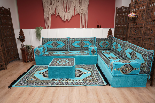 أريكة تركية فيروزية على شكل حرف L، مجلس عربي بسمك 16 بوصة، أريكة غرفة معيشة، مقعد أرضي بوهو، أريكة على الطراز المغربي، وسادة أرضية عثمانية