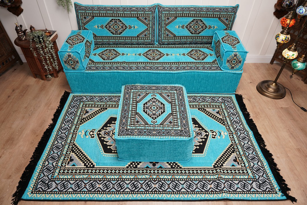 Turquoise Loveseat Arabic Sofa, Arabic Majlis, Moroccan Sofa with Ottoman Couch and Rug, Living Room Sofa, Arabic Jalsa Set, Floor Sofa Seating
