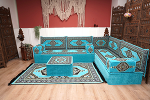 Turquoise L Shaped Sectional Sofas, Floor Cushions, Arabic Sofa Set, Pallet Sofa, Arabic Majlis, Pouffs