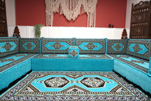 U Shaped Turquoise Arabic Floor Sofa Set, Floor Cushions, Balcony Patio Sofas, Pallet Sofa, Ethnic Sofa, Moroccan Sofas