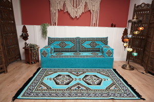 Turquoise Loveseat Arabic Sofa, Arabic Majlis, Moroccan Sofa with Ottoman Couch and Rug, Living Room Sofa, Arabic Jalsa Set, Floor Sofa Seating