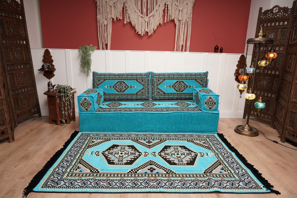 Turquoise Loveseat Arabic Sofa, Arabic Majlis, Moroccan Sofa with Ottoman Couch and Rug, Living Room Sofa, Arabic Jalsa Set, Floor Sofa Seating