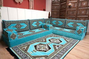 Turquoise L Shaped Sectional Sofas, Floor Cushions, Arabic Sofa Set, Pallet Sofa, Arabic Majlis, Pouffs
