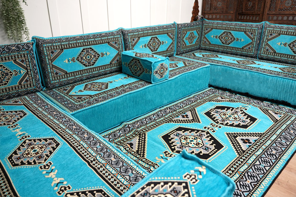 U Shaped Turquoise Arabic Floor Sofa Set, Floor Cushions, Balcony Patio Sofas, Pallet Sofa, Ethnic Sofa, Moroccan Sofas