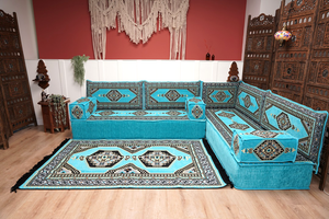 Turquoise L Shaped Sectional Sofas, Floor Cushions, Arabic Sofa Set, Pallet Sofa, Arabic Majlis, Pouffs