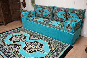 Turquoise Loveseat Arabic Sofa, Arabic Majlis, Moroccan Sofa with Ottoman Couch and Rug, Living Room Sofa, Arabic Jalsa Set, Floor Sofa Seating