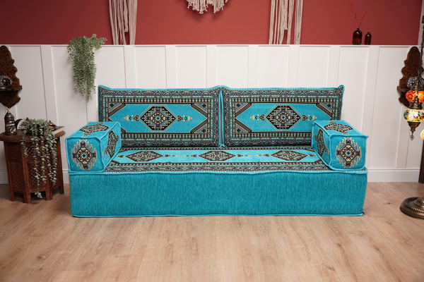 Turquoise Loveseat Arabic Sofa, Arabic Majlis, Moroccan Sofa with Ottoman Couch and Rug, Living Room Sofa, Arabic Jalsa Set, Floor Sofa Seating