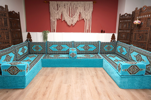 U Shaped Turquoise Arabic Floor Sofa Set, Floor Cushions, Balcony Patio Sofas, Pallet Sofa, Ethnic Sofa, Moroccan Sofas