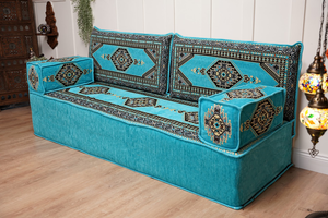 Turquoise Loveseat Arabic Sofa, Arabic Majlis, Moroccan Sofa with Ottoman Couch and Rug, Living Room Sofa, Arabic Jalsa Set, Floor Sofa Seating
