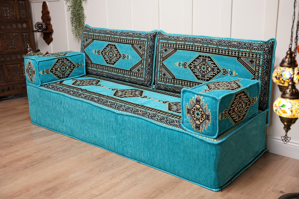 Turquoise Loveseat Arabic Sofa, Arabic Majlis, Moroccan Sofa with Ottoman Couch and Rug, Living Room Sofa, Arabic Jalsa Set, Floor Sofa Seating