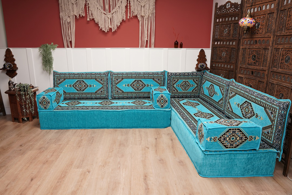 أريكة تركية فيروزية على شكل حرف L، مجلس عربي بسمك 16 بوصة، أريكة غرفة معيشة، مقعد أرضي بوهو، أريكة على الطراز المغربي، وسادة أرضية عثمانية