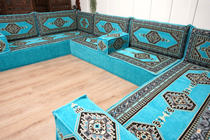 U Shaped Turquoise Arabic Floor Sofa Set, Floor Cushions, Balcony Patio Sofas, Pallet Sofa, Ethnic Sofa, Moroccan Sofas