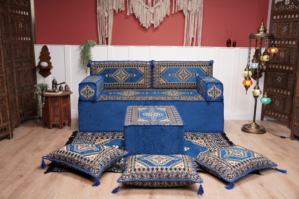 Royal Blue Palace Elegance: Single Floor Sofa Set – Arabic Diwan Sofa – Window Seat Cushion – Floor Sofa With Backrest
