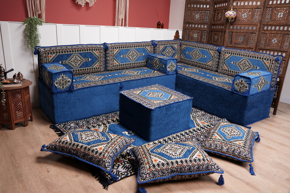L Shaped Floor Couch, Arabic Sofa Seating, Floor Pillow, Corner Floor Cushions, Patio Furniture, Sectional Sofas, Arabic Jalsa