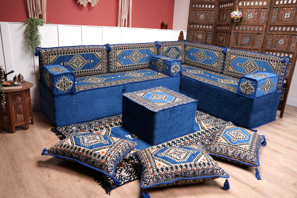 Royal Blue Palace Elegance: L Shaped Floor Sofa Set – Arabic Majlis Seating – Window Seat Cushion – Oriental Cushion Set